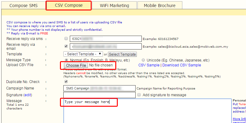 How to send SMS using CSV file