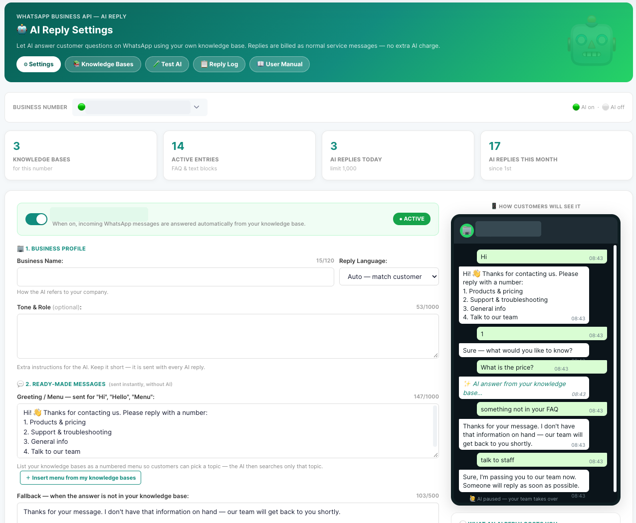 AI Reply settings in the messaging portal