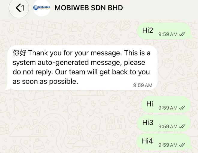 A real WhatsApp chat: the customer sends Hi2 and receives the auto reply; the following messages Hi, Hi3 and Hi4 sent within the reply window receive no further reply.