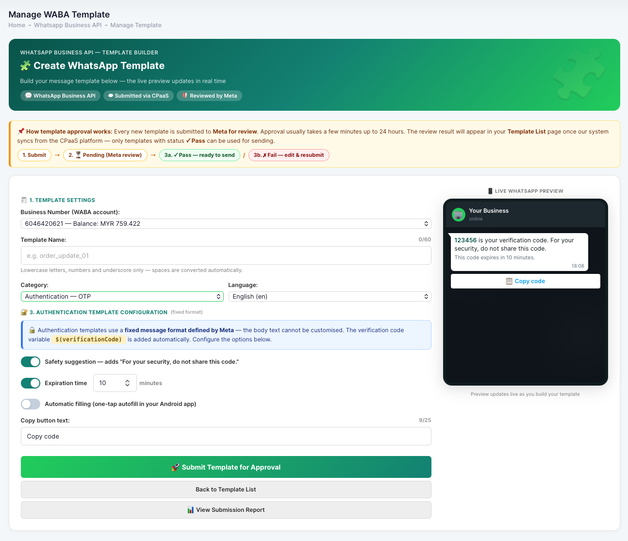 The Authentication OTP template panel: safety suggestion, expiration time, automatic filling, and copy-button options, with the fixed-format preview showing a sample code.