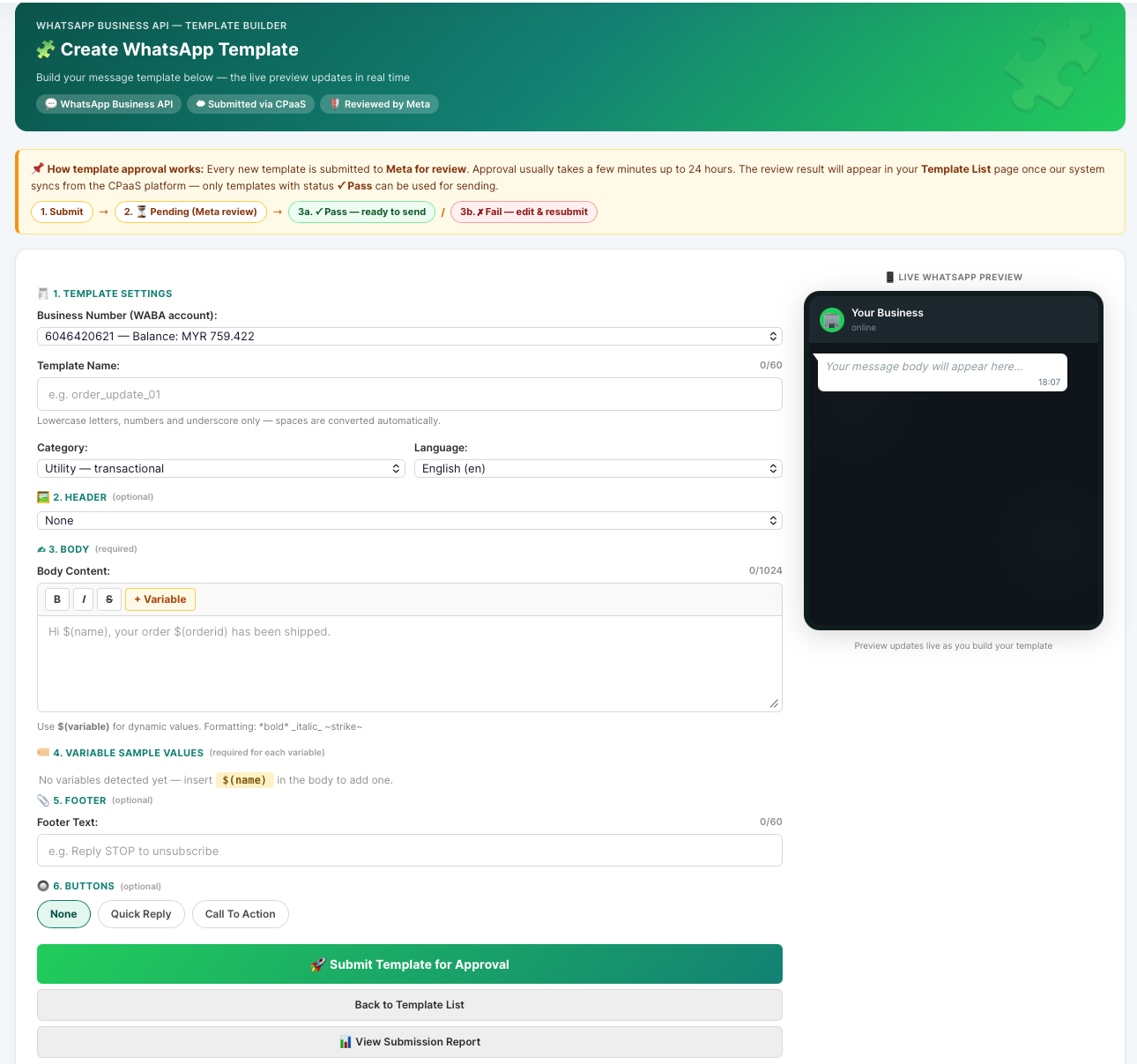 The WhatsApp template builder: settings, header, body with formatting and variables, footer and buttons on the left, and a live WhatsApp preview on the right.